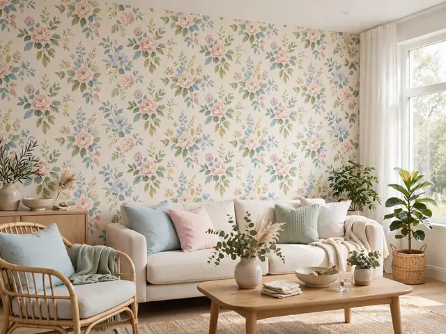Dekorasi Wallpaper Dinding 9 Motif Rapi Terbaru 1 Motif bunga untuk dekorasi wallpaper dinding dengan warna pastel lembut di ruang keluarga yang terang