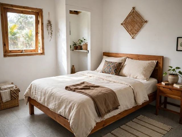 Kamar tidur utama hangat pada denah rumah 4x7 2 kamar dengan ranjang kayu, dinding putih, dan cahaya jendela kecil
