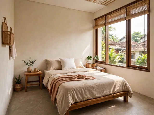 Interior kamar tidur utama 3x3 meter pada denah rumah 6x7 2 kamar bergaya minimalis yang hangat