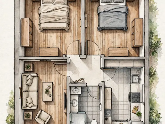 Sketsa denah rumah 6x7 2 kamar dilihat dari atas dengan pembagian ruang tamu dapur dan kamar mandi