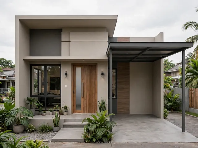 Render tampak depan rumah denah rumah 6x7 2 kamar bergaya minimalis modern dengan carport di sisi depan