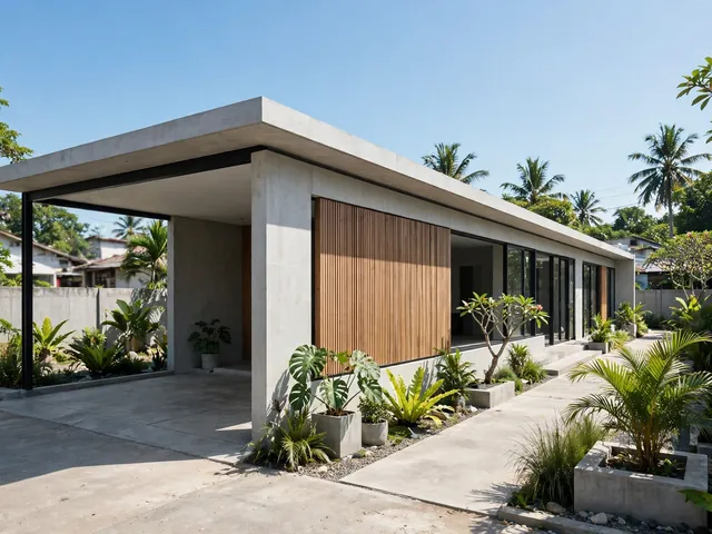 Tampak depan denah rumah 7x12 memanjang satu lantai bergaya minimalis dengan carport
