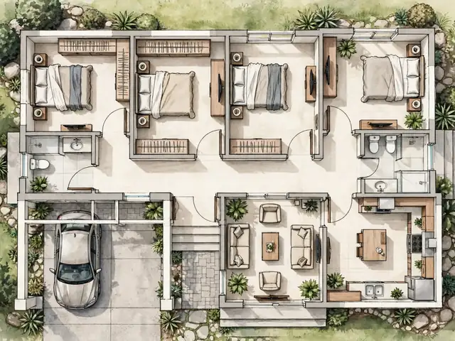 Sketsa denah rumah 8x14 3 kamar dilihat dari atas dengan dua kamar mandi ruang keluarga dapur dan carport