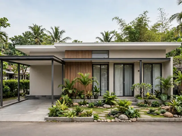 Render tampak depan rumah denah rumah 8x14 3 kamar memanjang bergaya minimalis modern dengan carport
