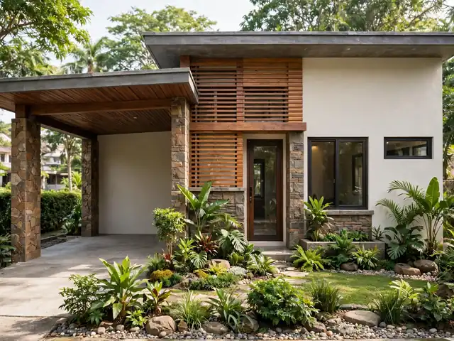 Render fasad rumah denah rumah type 45 dan tampaknya yang dibuat menarik lewat aksen kayu dan batu alam