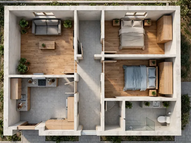 Sketsa denah rumah type 45 dan tampaknya dilihat dari atas dengan dua kamar tidur ruang tamu dan dapur