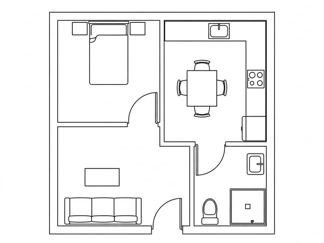 Denah desain rumah 6x6 sederhana dengan 1 kamar tidur dan ruang keluarga multifungsi