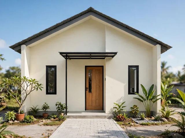 Tampak depan desain rumah 6x6 sederhana dengan fasad minimalis dan atap spandek hemat biaya