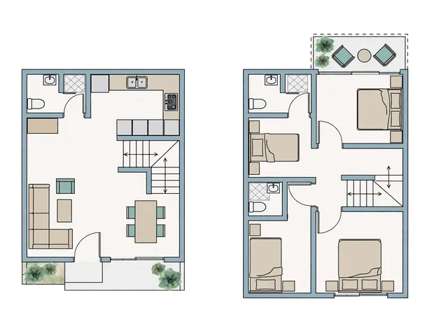 Desain Rumah 8x6 2 Lantai: 6 Denah Terbaik 2026 1 Denah lantai 1 dan lantai 2 desain rumah 8x6 2 lantai seluas 48 m2