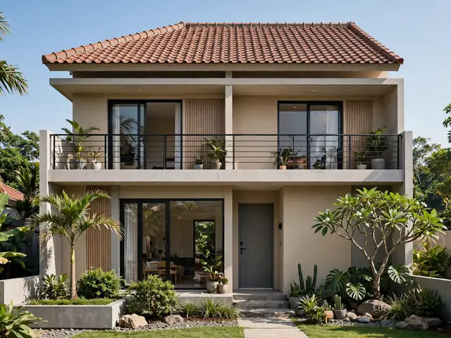 Fasad desain rumah 8x6 2 lantai dengan balkon minimalis dan cat netral