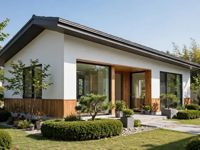 Fasad putih desain rumah ala korea dengan atap miring dan aksen kayu