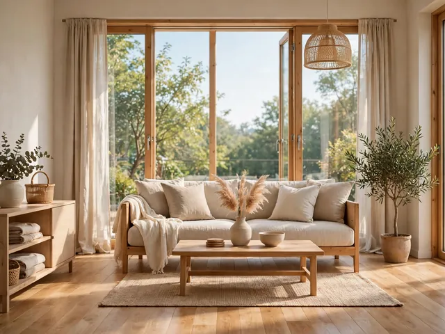 Interior ruang keluarga hangat pada desain rumah ala korea dengan lantai kayu