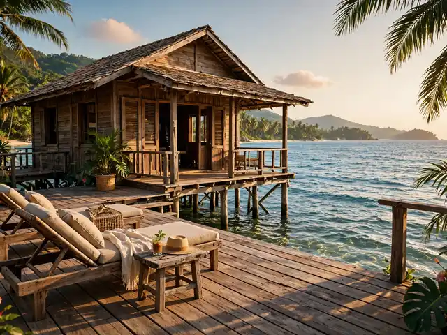 Rumah kayu panggung dari desain rumah kayu pinggir pantai dengan dek menghadap laut dan atap miring