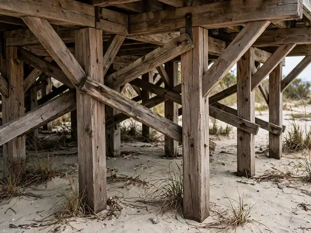 Struktur panggung desain rumah kayu pinggir pantai dengan tiang kayu kuat di atas tanah berpasir