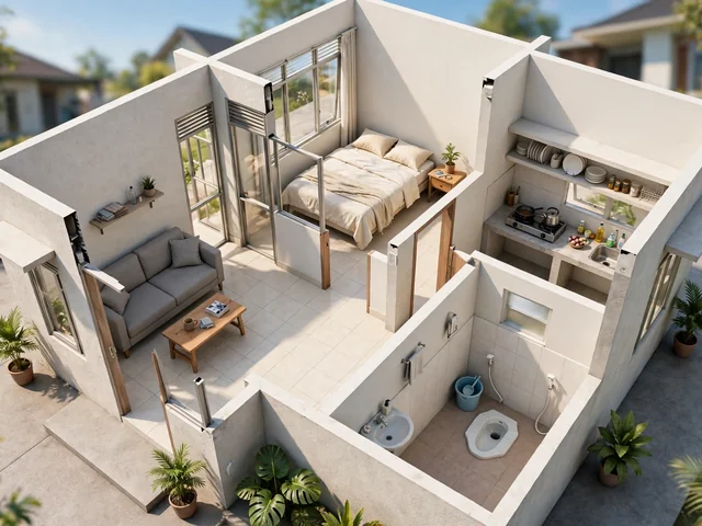 Denah efisien desain rumah kontrakan 4x8 dengan ruang serbaguna dan dapur