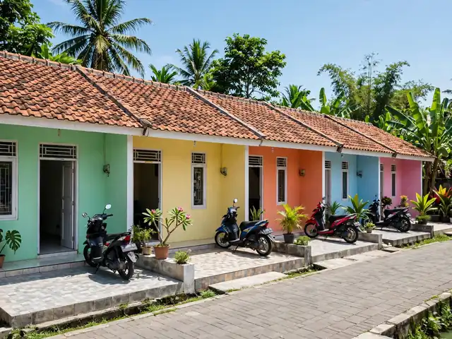 Tampak depan desain rumah kontrakan 4x8 dengan cat cerah yang menarik penyewa