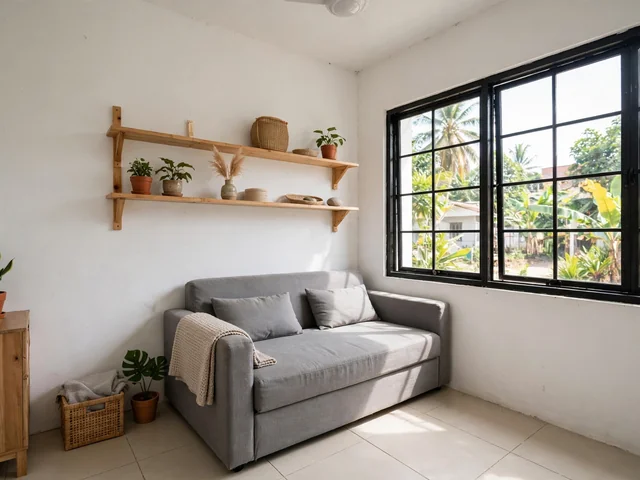 Desain Rumah KPR Subsidi: 7 Tata Ruang Type 36 Terbaru 2 Desain rumah KPR subsidi interior ruang tamu terang dengan sofa bed dan rak dinding