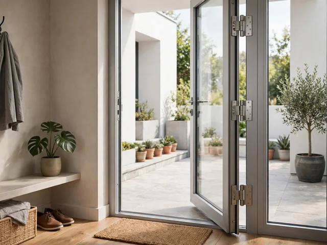 Pintu depan desain rumah kusen aluminium dengan engsel kokoh dan warna selaras