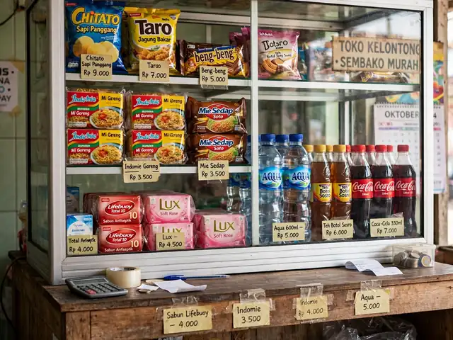 Etalase depan desain rumah warung sembako dengan rak kaca berisi beras, minyak goreng, dan kebutuhan harian