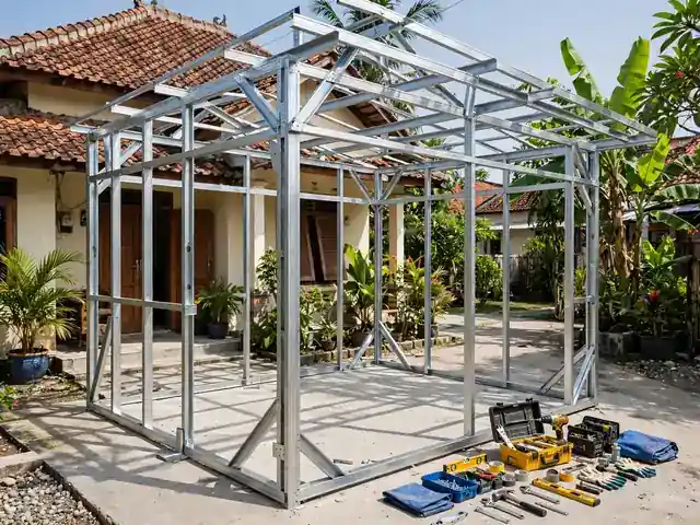 Rangka baja ringan untuk membangun desain warung kecil depan rumah yang hemat biaya