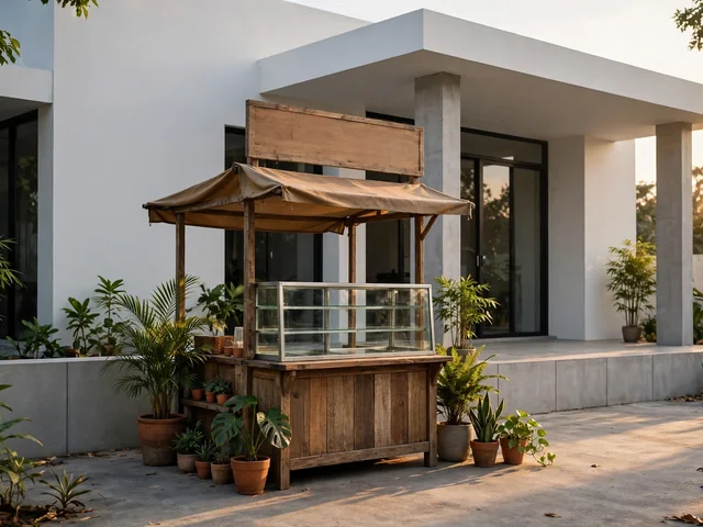 Tampak eksterior desain warung kecil depan rumah dengan kanopi dan etalase kayu pada sore hari