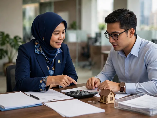 Petugas bank menjelaskan besaran dp rumah kpr dan plafon kredit kepada calon pembeli rumah pertama