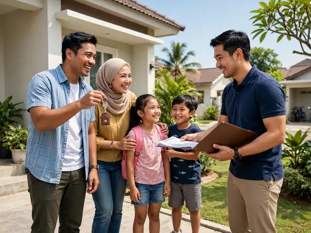 Keluarga menerima kunci rumah sesudah dp rumah kpr lunas dan akad kredit selesai di kantor developer