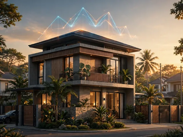 Rumah modern dengan grafik bunga bergerak naik turun mewakili floating kpr adalah bunga mengambang pada cicilan rumah