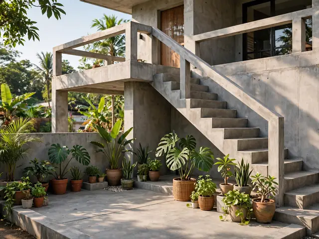 Teras rumah dak cor dengan tangga beton ke lantai atas pada gambar rumah dak cor yang nyaman
