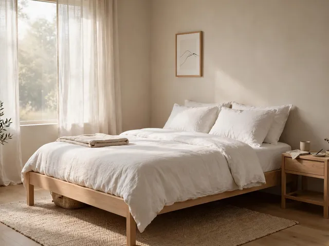 Suasana kamar tidur inspirasi dekorasi kamar tidur japandi dengan kasur linen putih dan meja kayu terang