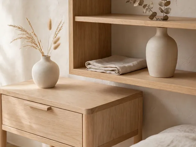 Kayu terang dalam inspirasi dekorasi kamar tidur japandi untuk meja samping dan rak dinding rendah