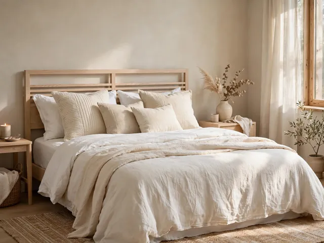 Seprai linen putih dalam inspirasi dekorasi kamar tidur japandi untuk kasur kayu terang yang tenang