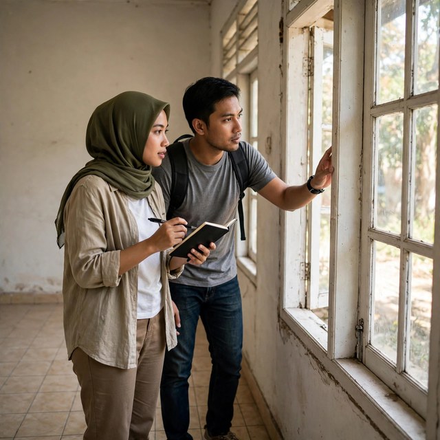 KPR Rumah Second: 7 Syarat, Biaya, dan Cara Mengajukannya 3 Pasangan muda mengecek kusen dan dinding saat survei kpr rumah second sebelum mengajukan kredit ke bank