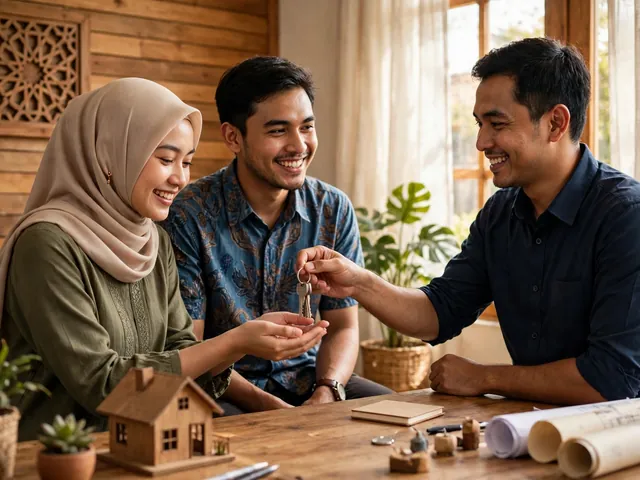 Pasangan muda menerima kunci rumah dari developer sebagai contoh kpr syariah adalah solusi kepemilikan rumah tanpa bunga