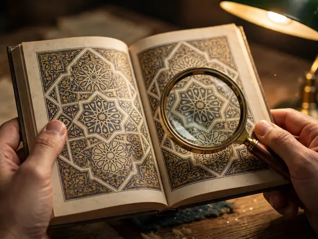 Tangan memeriksa dokumen akad dengan kaca pembesar agar pertanyaan kpr syariah apakah riba terjawab sebelum tanda tangan