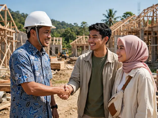 Jabat tangan developer dan pembeli di lokasi pembangunan perumahan dengan skema kpr syariah non bank