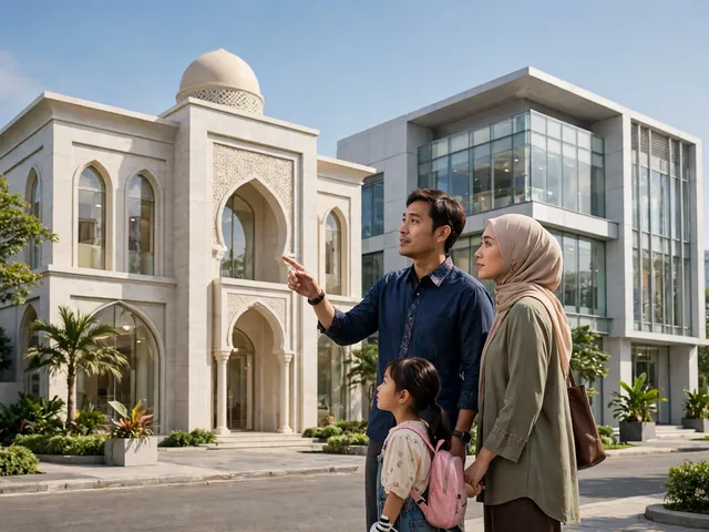 Keluarga muslim membandingkan dua gedung bank syariah untuk memilih kpr syariah terbaik