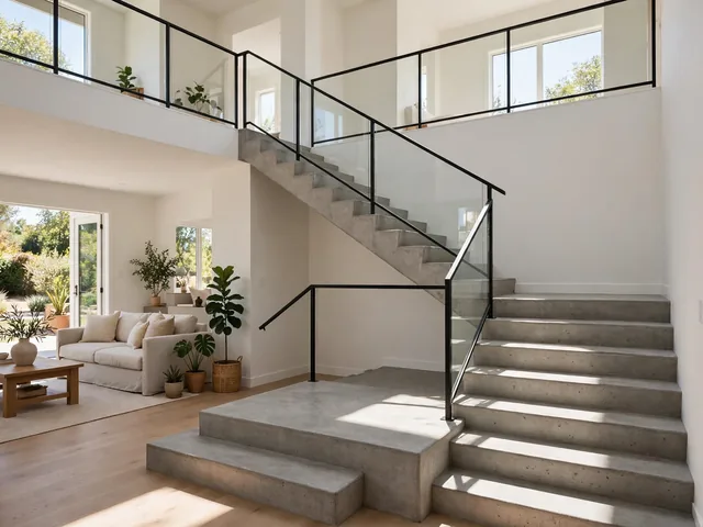 Tangga beton L-shape dengan satu belokan bordes sebagai model tangga beton rumah 2 lantai hemat ruang