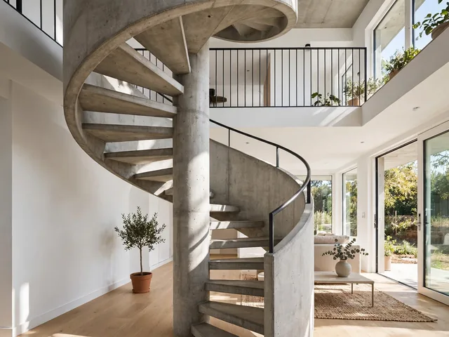Tangga beton spiral melingkar berporos tengah sebagai model tangga beton rumah 2 lantai untuk ruang terbatas