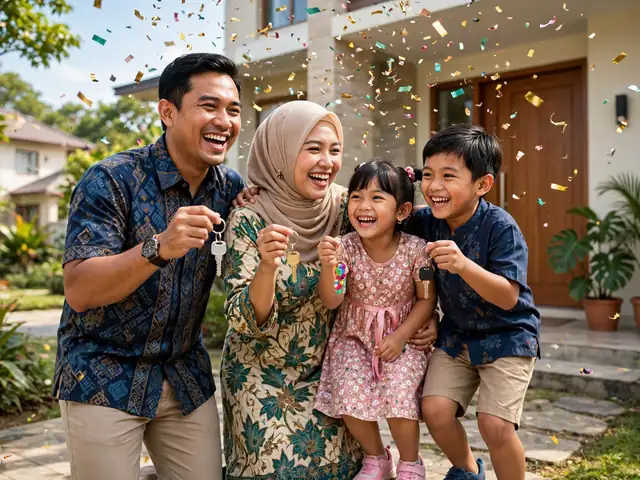 Keluarga merayakan rumah lunas setelah menjalankan pelunasan kpr dipercepat sampai selesai