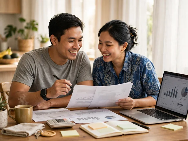 Pasangan muda menyusun strategi pelunasan kpr dipercepat dengan dokumen keuangan di meja makan