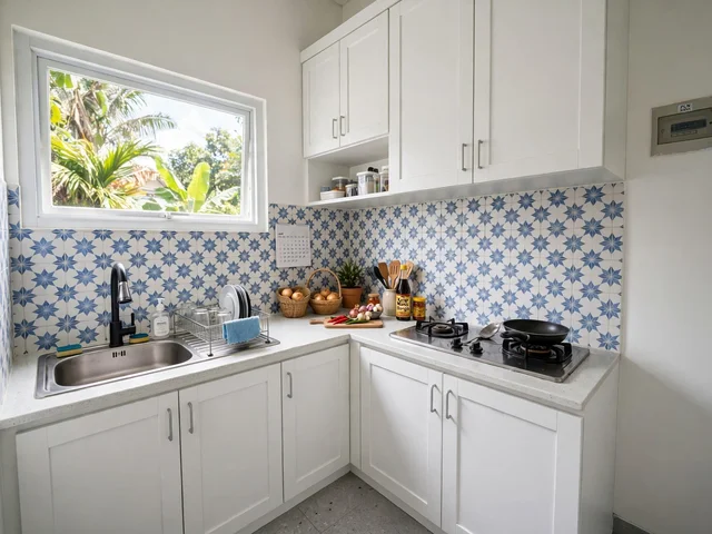 Dapur rapi hasil renovasi dapur rumah subsidi type 36 dengan kabinet putih, backsplash keramik, dan cahaya siang terang