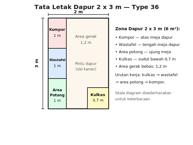 Diagram tata letak dapur terprogram untuk renovasi dapur rumah subsidi type 36 seluas 2x3 meter dengan zona kompor, wastafel, dan kulkas