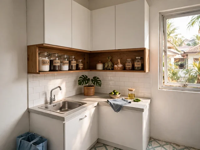 Sudut dapur hasil renovasi dapur rumah subsidi type 36 dengan kabinet dinding putih, rak terbuka, dan meja dapur bersih