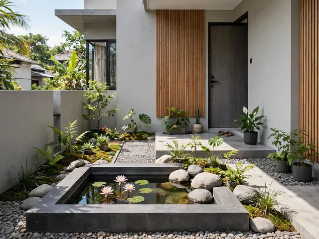 Kolam mini persegi berteratai kecil sebagai aksen taman depan rumah minimalis lahan sempit