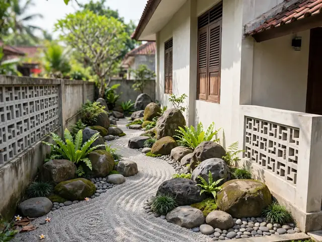 Taman batu berisi susunan batu alam dan tanaman hijau terbatas pada taman depan rumah minimalis lahan sempit