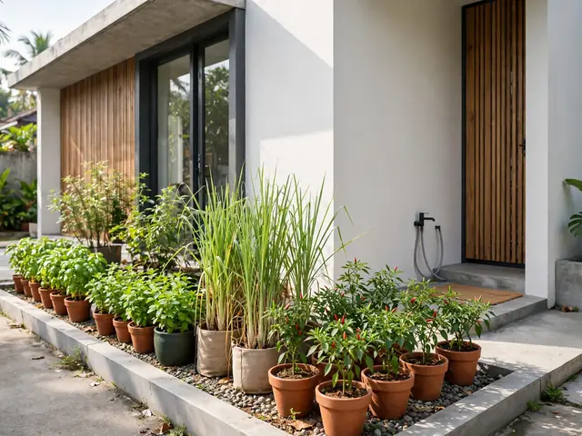 Taman herbal berisi pot kemangi, mint, dan serai pada taman depan rumah minimalis lahan sempit