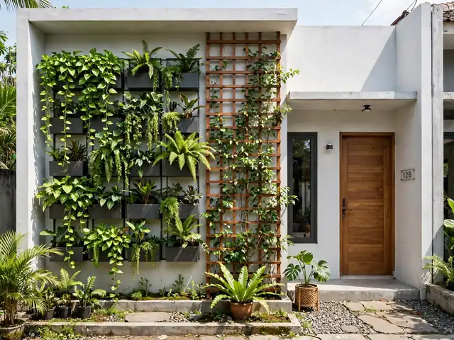 Taman vertikal hijau menempel pada dinding depan taman depan rumah minimalis lahan sempit
