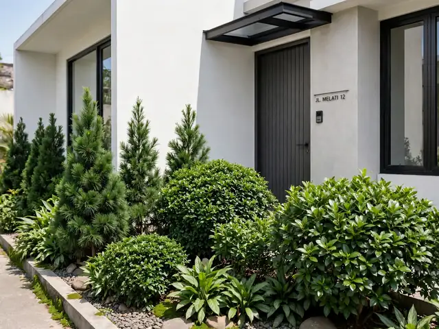 Tanaman evergreen berdaun hijau rapat sepanjang tahun pada taman depan rumah minimalis lahan sempit