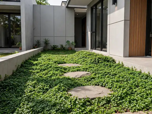 Hamparan tanaman ground cover hijau menutup tanah taman depan rumah minimalis lahan sempit